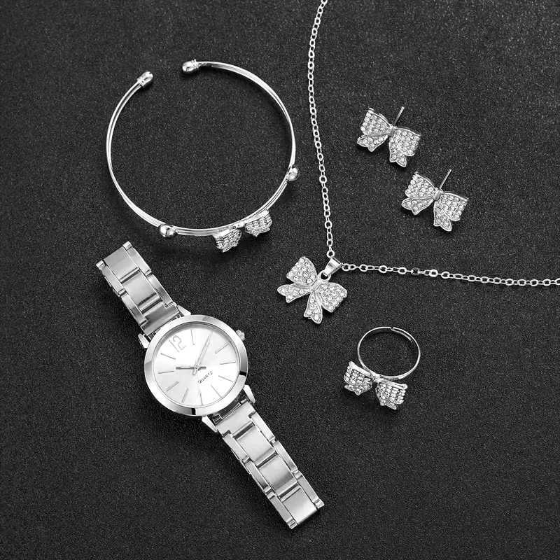6 pieces of fashionable minimalist SC womens alloy CPACT quartz watches with bow necklaces rings earrings set X241106