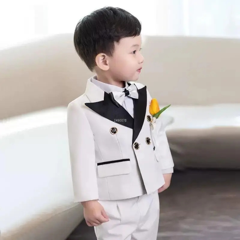 Children White Wedding Suit Prince Kids Jacket Pants Pograph Suit Flower Boys Tuxedo Dress Baby 1 Year Birthday Dress Costume 241106