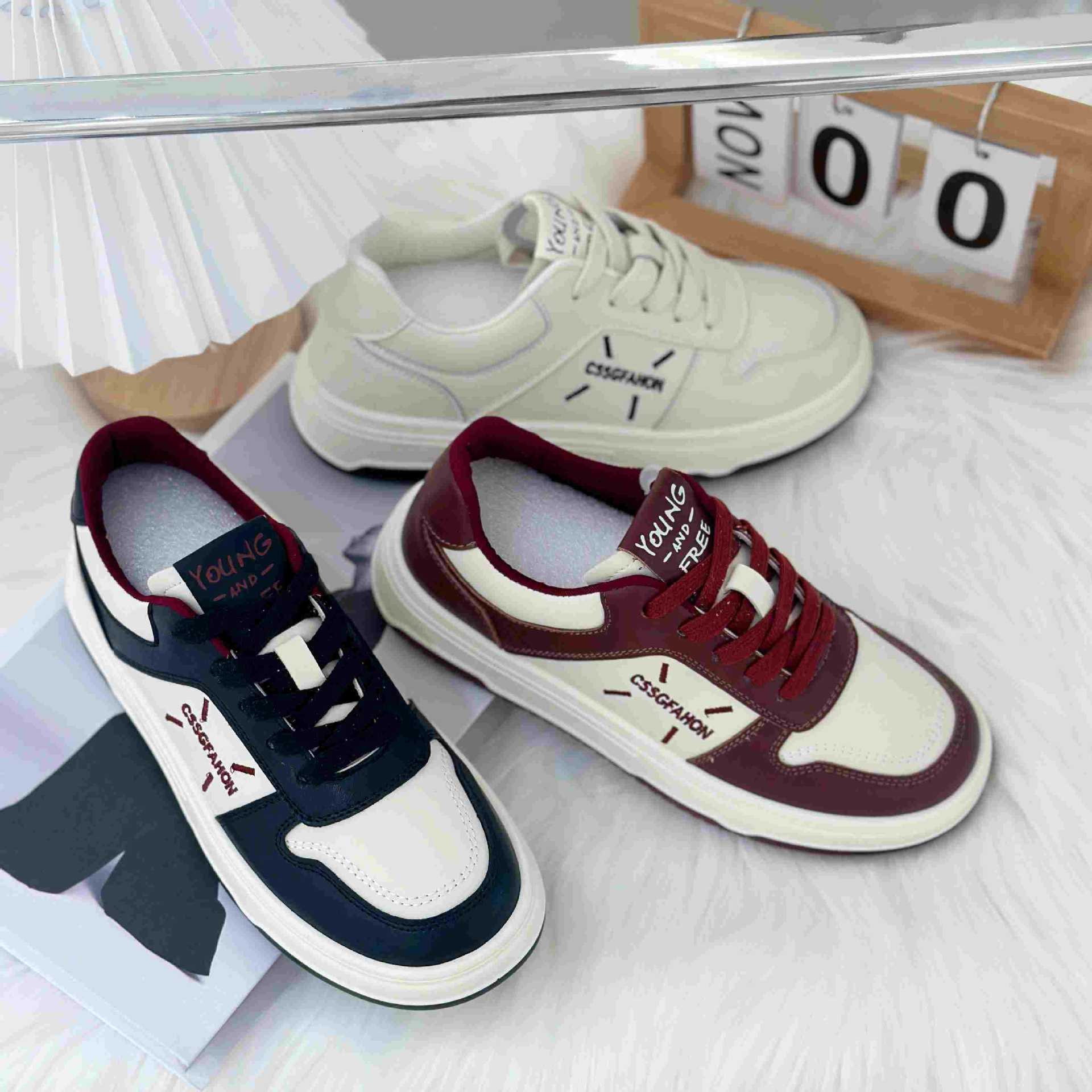 Thick soled versatile white for women, 2024 autumn winter new item, color blocked round toe lace up plush warm sports and leisure shoes