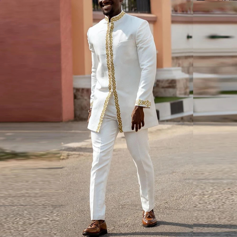 White Kaftan Mens Set Embroidered Flower Top Kaunda Set African Casual Clothing Traditional 2PCS Set Wedding Evening Dress 241106