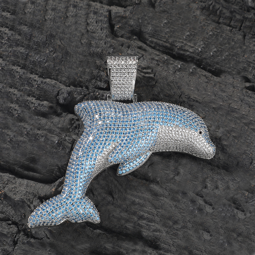 Hip Hop Animal Dolphin Pendant Necklace 5A Blue Zircon Women Men Children Rap Jewelry