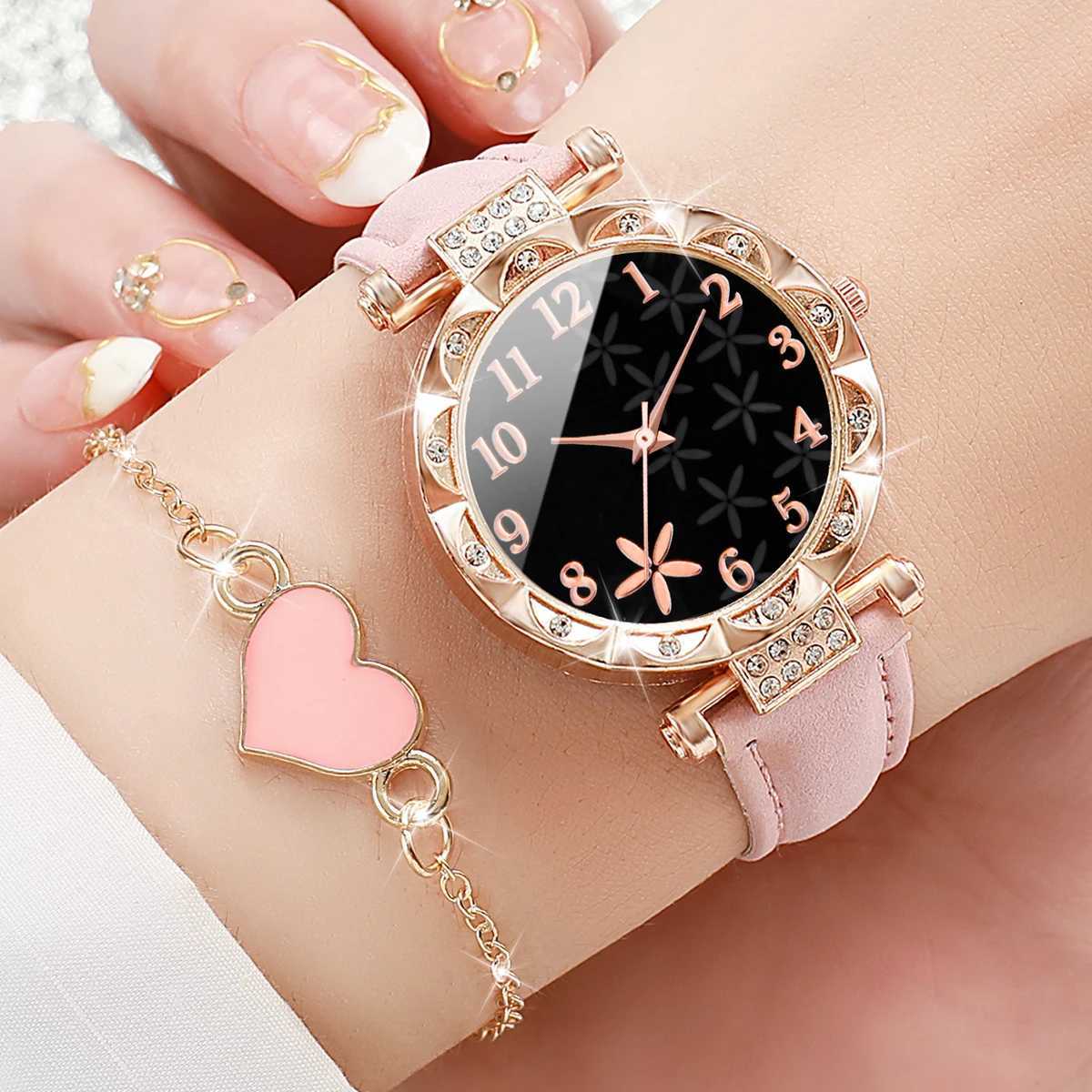 6-piece/set Wens Watch Fashion Flower Dial Leather Quartz Watch with Bracelet Set X241106