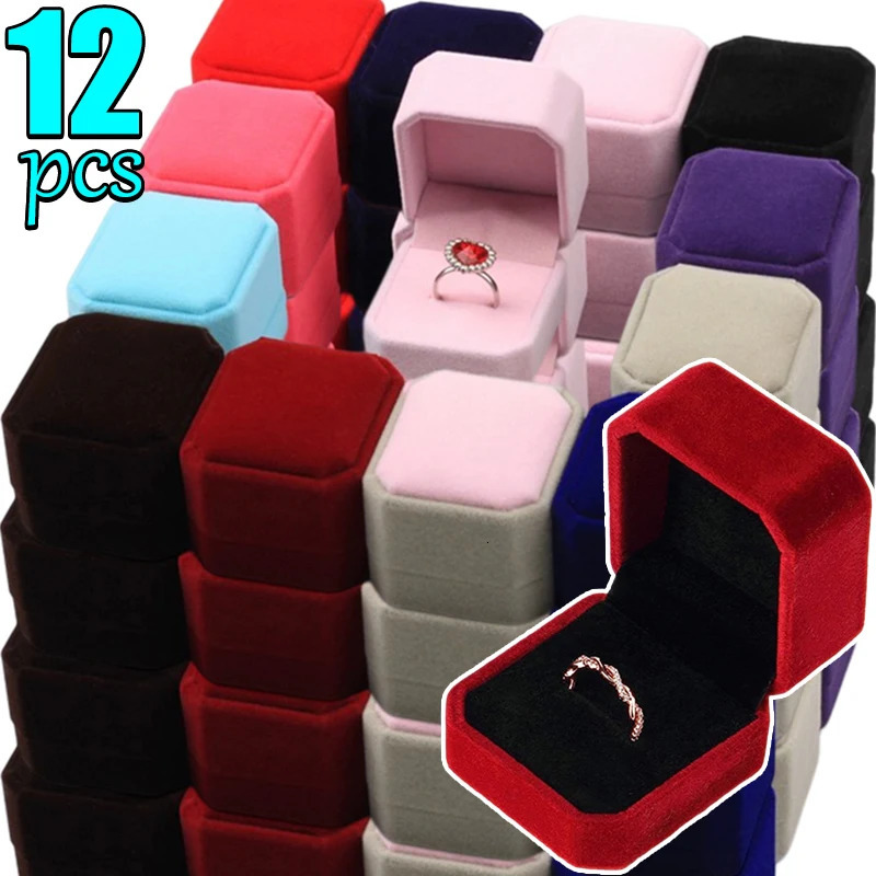 12 square red velvet ring boxes pearl treasure boxes storage organizer gifts earring packaging boxes portable travel wedding wholesale 241106