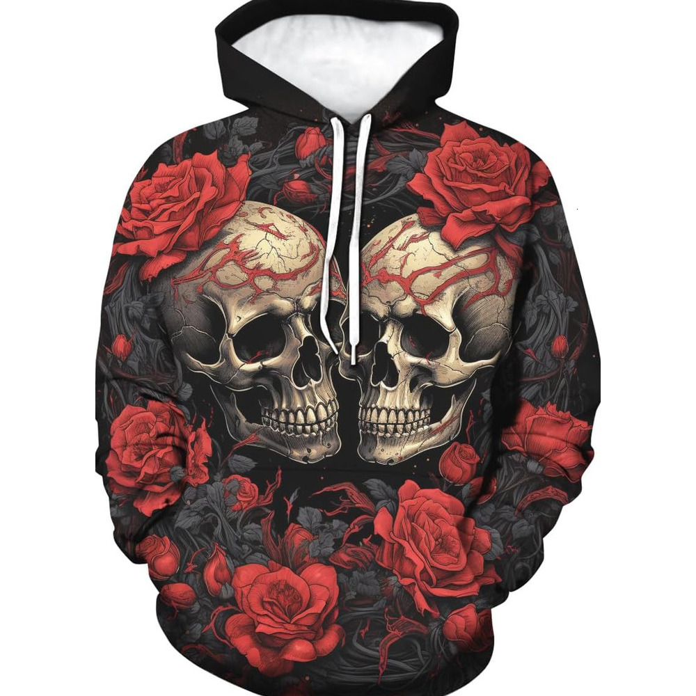 Hoodie for Mens Womens Mens Novelty Skull Graphic Hoodies Rose 3D Printed Sweatshirts Pocket Hooded Graphic handsome