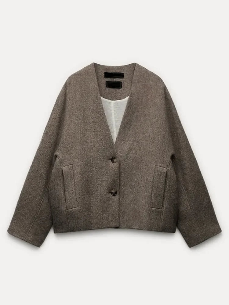 Women Woolen Blends Solid Blazer Coat Fashion Loose Single Breasted Long Sleeve Pockets Jackets Chic Female Coats 241106