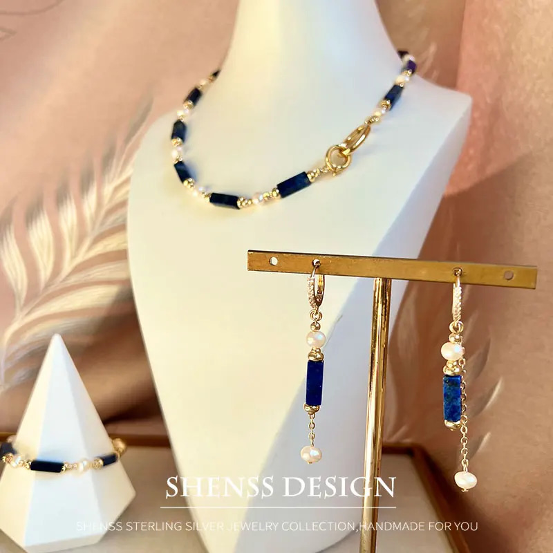 Exclusive n personalized natural freshwater pearl lapis lazuli necklace bracelet copper plated 14k gold accessories 241106