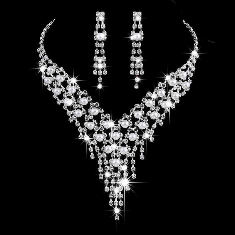 Luxury Simulated Pearl Tassel Bridal Necklace Earring Set Crystal Zircon Wedding Bridal Jewelry X241106