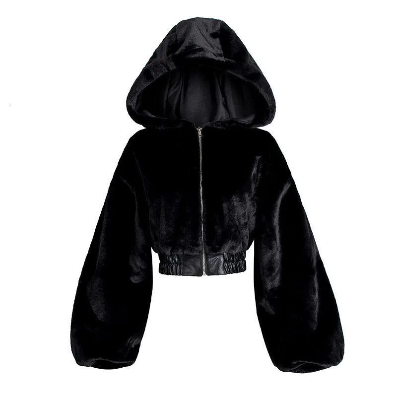 Short High Waist Faux Fur Womens Jacket Plush Warm Hooded Coats Spliced Leather Hem Jackets 2024 Winter in Coat Streetwear 241106