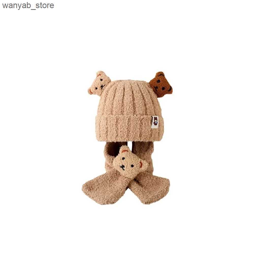 Wide Brim Hats Bucket Hats Winter Warm Baby Hat Bears Style Cute Ear Protection Knitted Hat with Velvet Warmth Scarf Set L240910