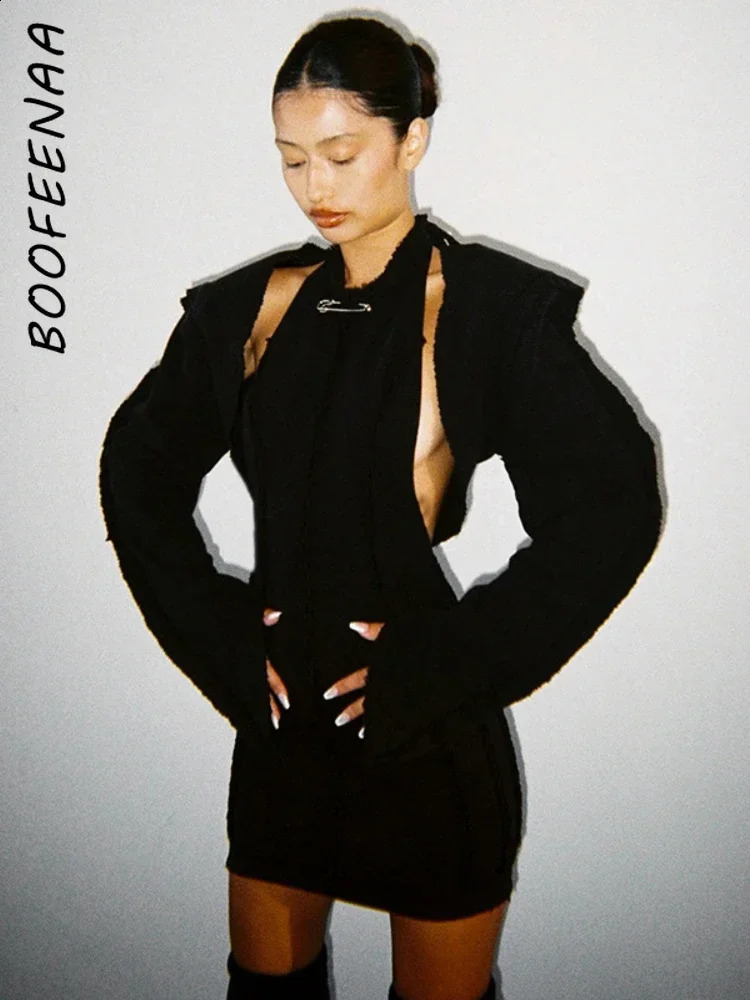 BOOFEENAA Black 2 Piece Suits for Women Long Sleeve Cardigan and Halter Mini Dress Sets Sexy Clubwear Outfit C85EZ45 240401
