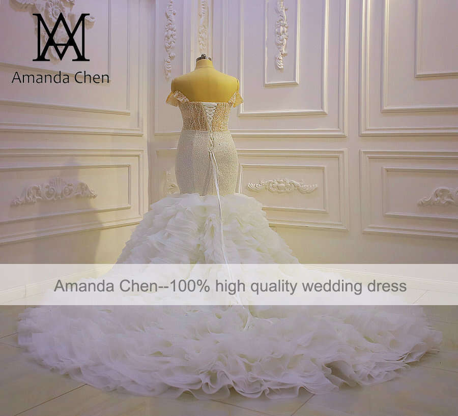 Off Shoulder Pearls Ruffled Mermaid Wedding Gowns