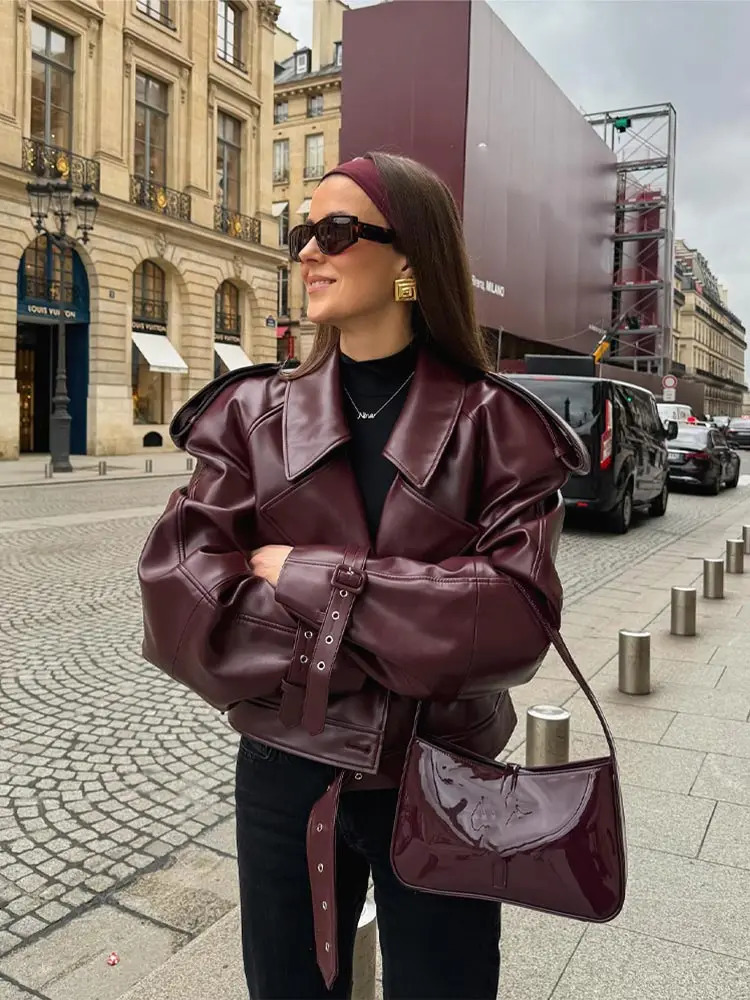 Chic Solid Color Lapel Cropped Leather Jacket Fashion Womens Pockets Long Sleeves Short Coat 2024 Lady Autumn High Streetwear 241106