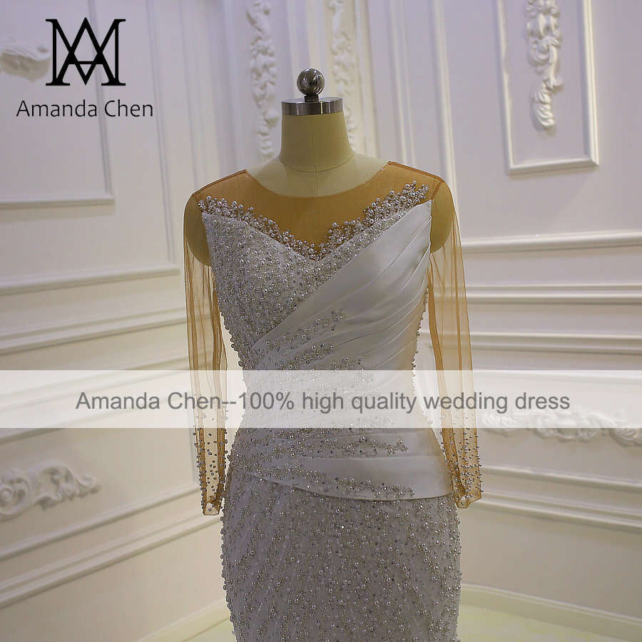 bridal dress Long Sleeve Lace Appliqued Handwork Pearls Detachable Skirt Wedding Dress