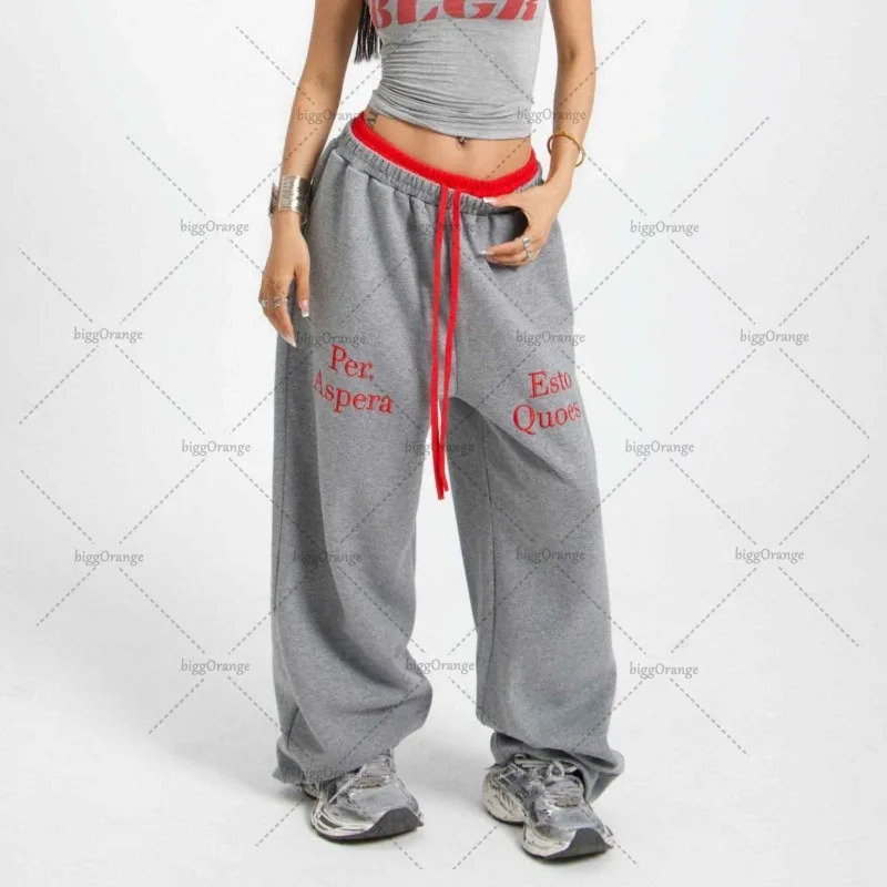 Y2K Harajuku American Street Style Contrasting Color Splicing Straight Pants Women Retro Letter Print Baggy Hip Hop Sweatpants 241104