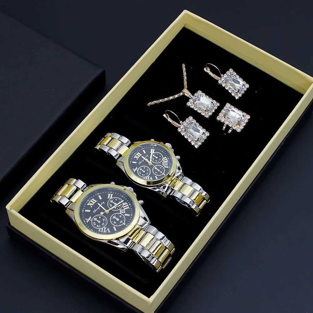 Couple Watch Set Luxury Elegant Steel Watch Mens Wenda Quartz Watch with Jewelry 6Pcs Set r Gift+Box X241106