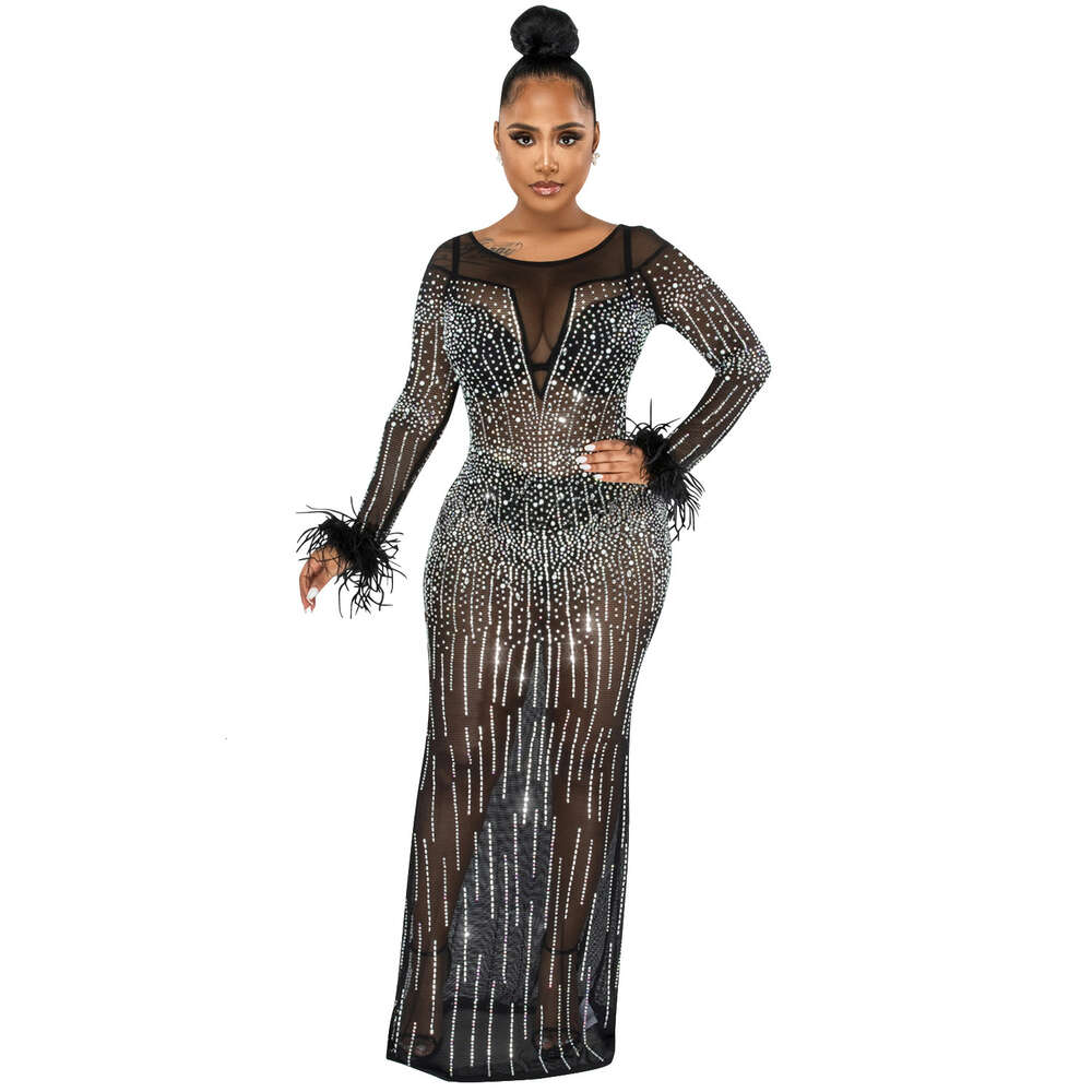 Fashion Nightclub Party Hot Diamond Women's Clothing Mesh Perspective Sleeve Long Dress Women F4685