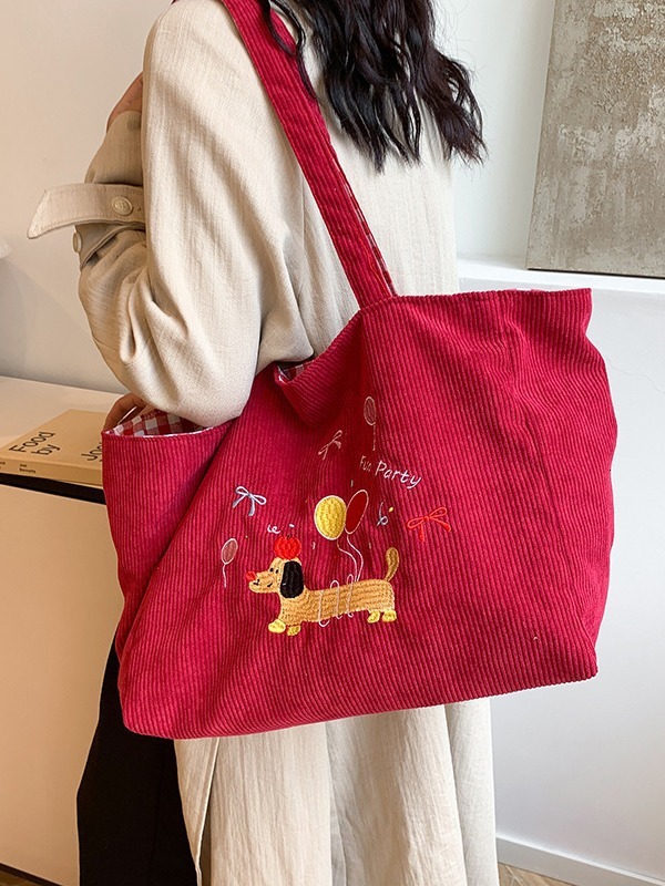 Autumn And Winter Corduroy Contrasting Plaid Double-sided Back Canvas Cartoon Cute Embroidery Student Class Bag Designer Bags Handbags Women