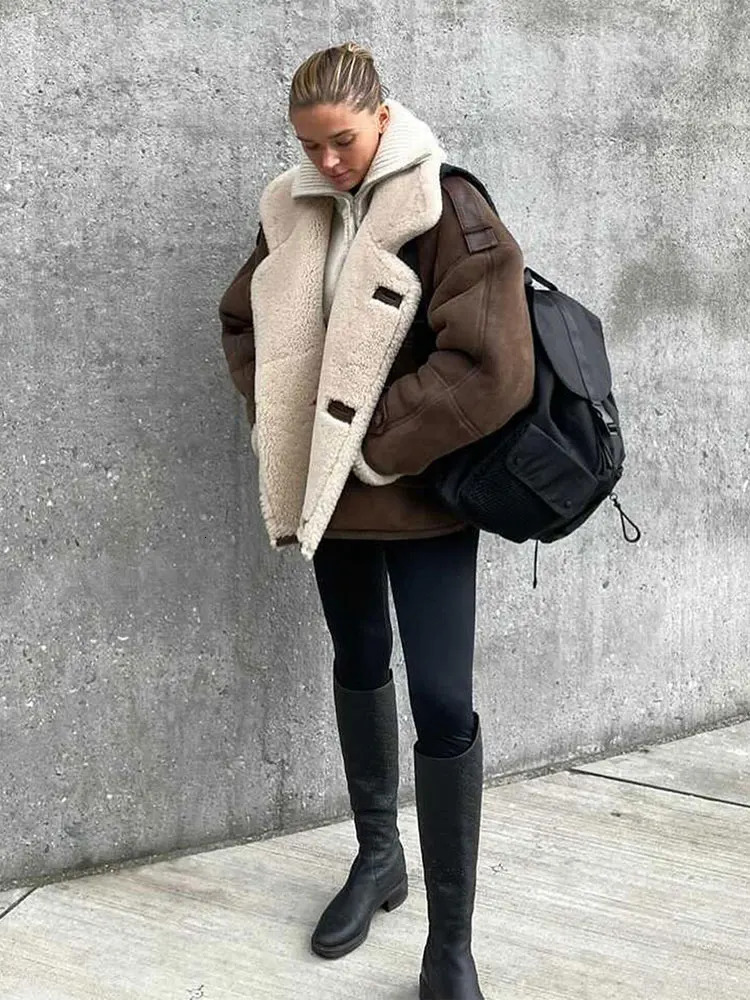 Vintage Khaki Faux Leather Warm Thick Fluffy Coat Women Long Sleeve Big Lapel Single Button Outerwear Autumn Winter Lady Jacket 241106
