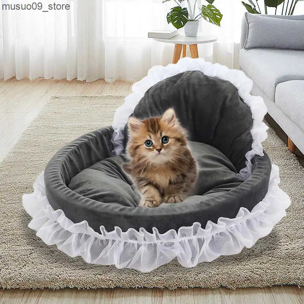 kennels pens Pet Nest Comfortable Soft Lace Edge Princess Style Bow Decoration Plush Pet Dog Cat Bed L240910