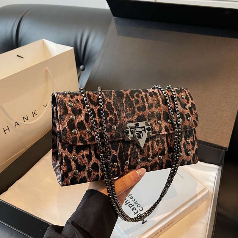 Designer Bag Rivet Chain Brand Designer Pu Leather Crossbody Bags For Women 2024 Retro Leopard Pattern Shoulder Bag Luxury Small Handbags