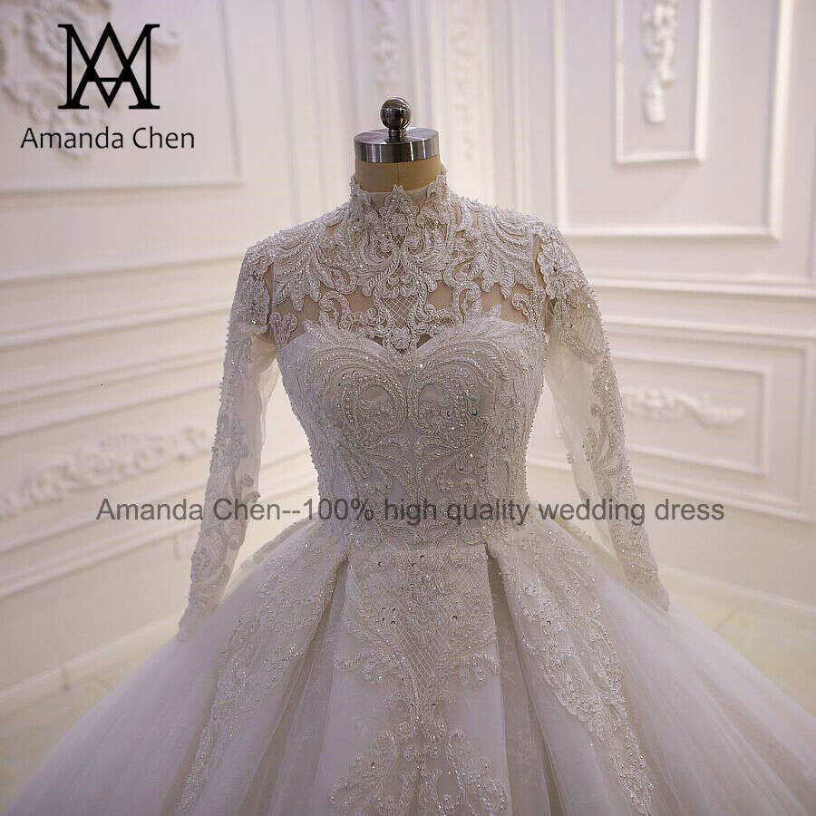 robe mariage femme High Neck Long Sleeve Lace Appliqued Wedding Dress