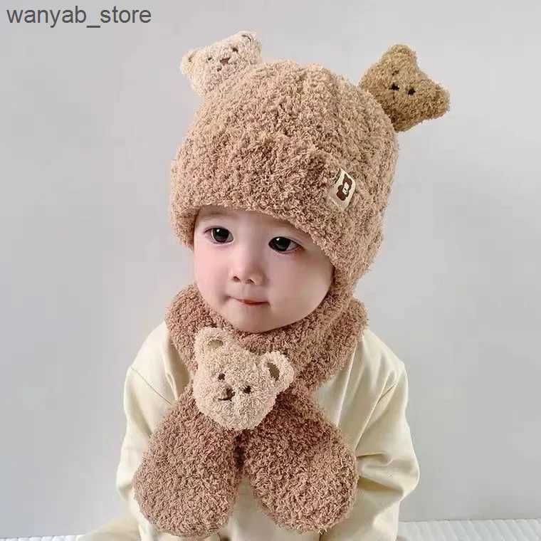 Wide Brim Hats Bucket Hats Winter Warm Baby Hat Bears Style Cute Ear Protection Knitted Hat with Velvet Warmth Scarf Set L240910
