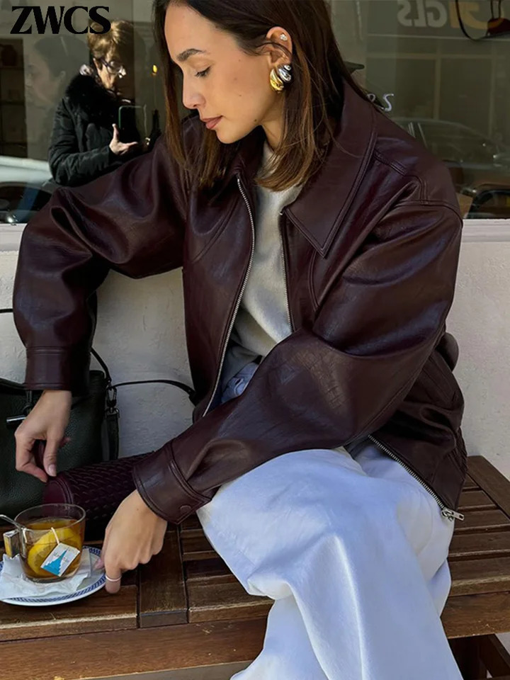 Fashion Leather Zipper Short Jackets Women Casual Lapel Long Sleeve Spliced Cropped Coats 2024 Autumn Lady Top Streetwears 241106
