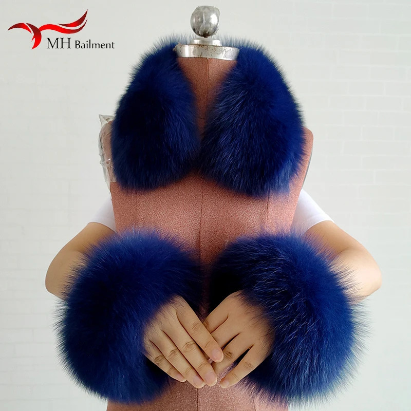 Fox Fur Square Collar Genuine Fur Cuff Set Womens Winter Thick Warm Fashion Scarf Cuff Matching Coat Accessories 241216
