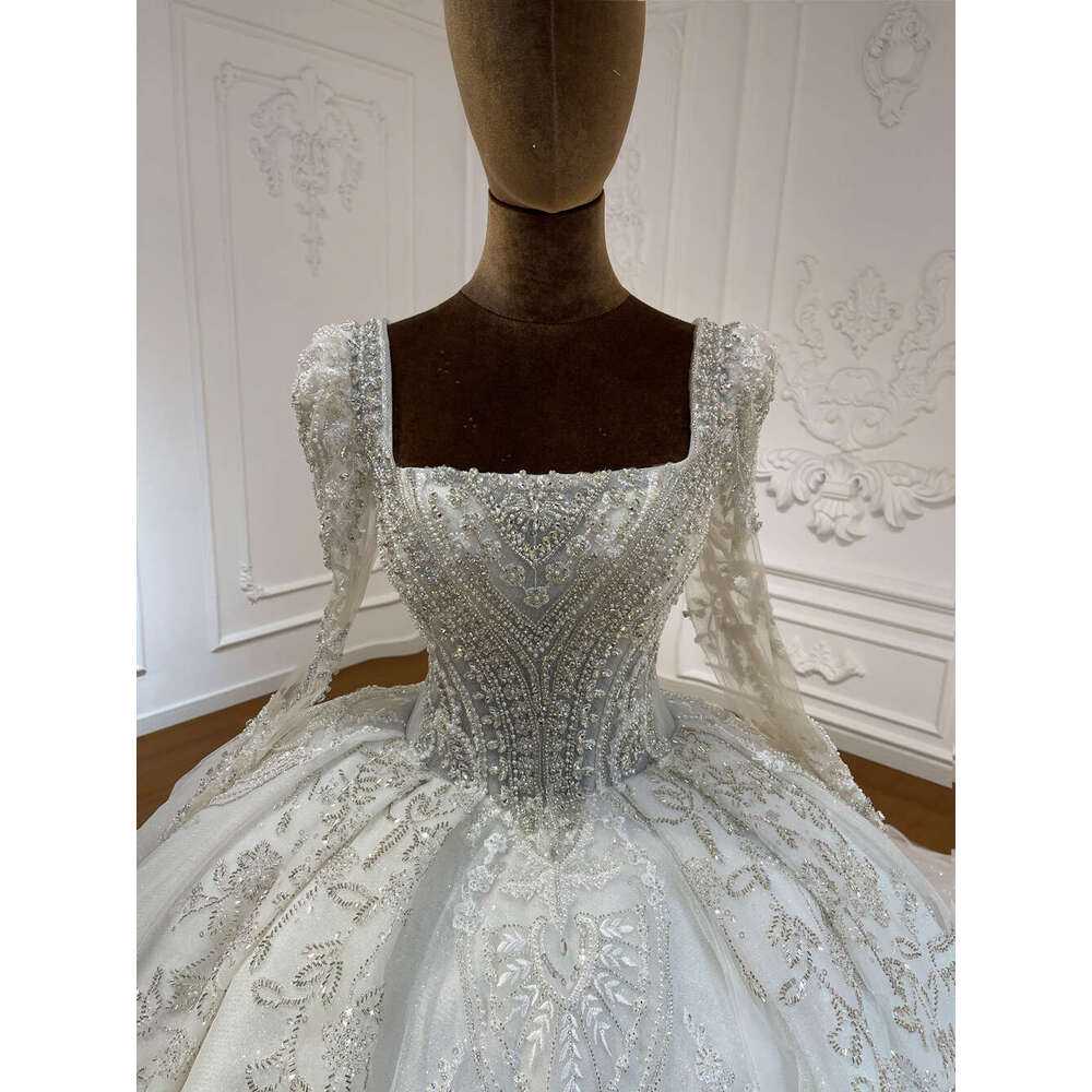 Customized Square Neck Full Lace Long Sleeve Bridal Ball Gown Wedding Dress