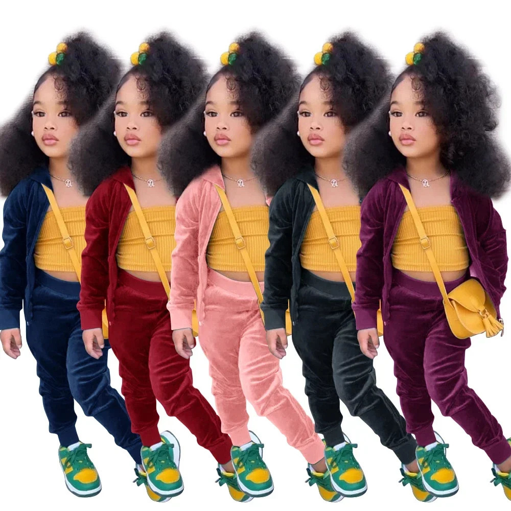 Children Boys Girls Velvet Sweatsuit Toddler Zipper Up Hoodie Jackets Pants Set Fashion Winter Kids 2Pieces Tracksuits Outfits 241106