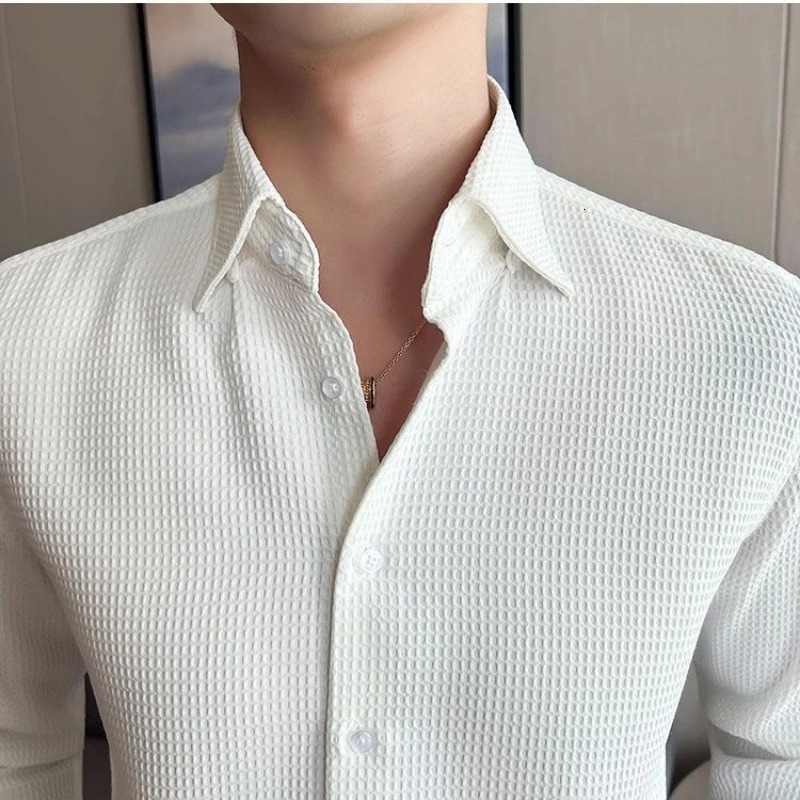 Waffle Spring Autumn Mens Shirt Casual and Slim Long Sleeve Solid Polo Neck Shirt Non Iron Wrinkle Resistant Business Tops 241106