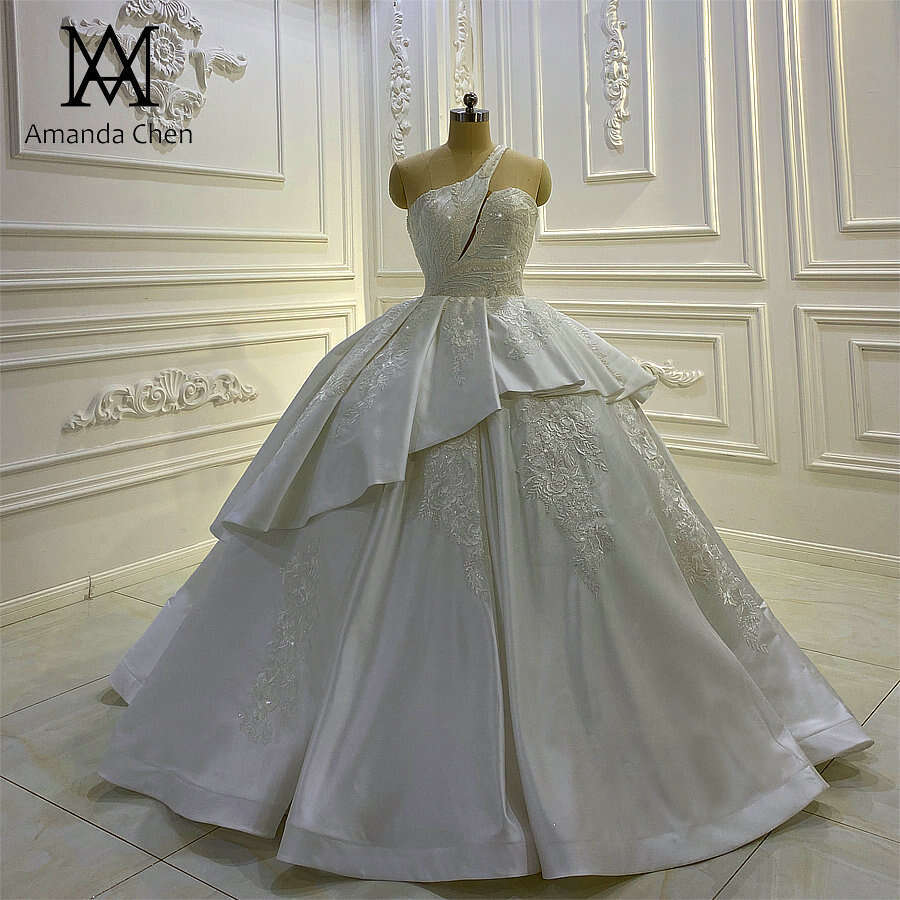 One Shoulder Lace Applique Tiered Satin Wedding Dress