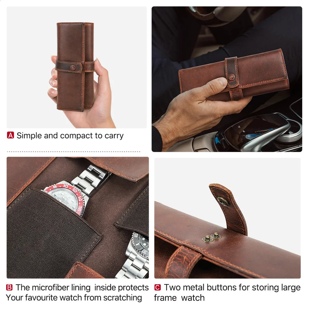 Full grain oil leather 2-groove watch roll storage adjustable shell portable travel watch bag metal buckle ultra-fine fiber lining 241105