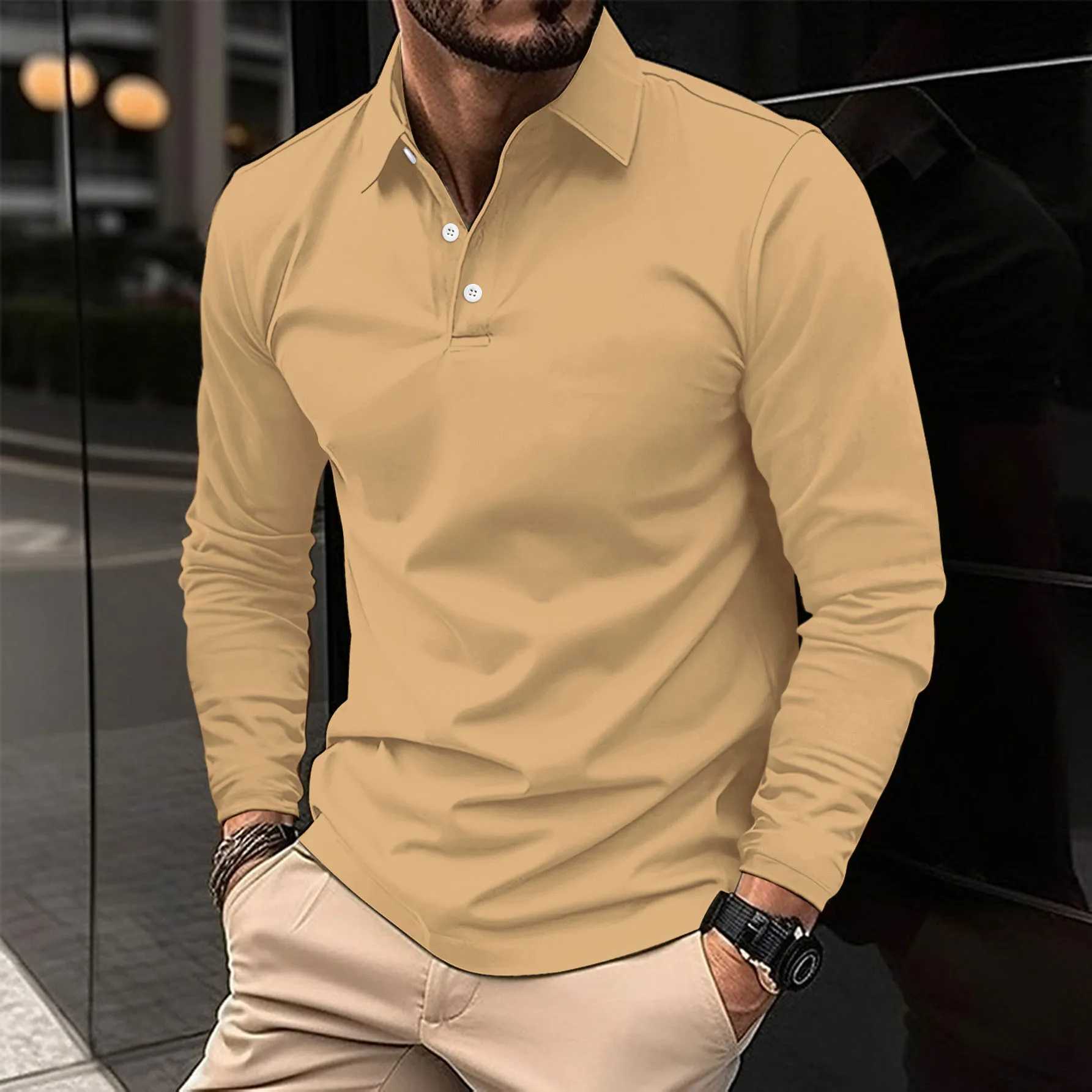 New autumn mens solid color button down collar long Sve shirt casual business breathable top W241106