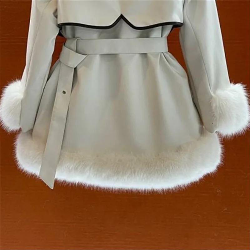 Temperament Big Fur collar LaceUp Coat Female Autumn Winter MidLength Warm Faux Fox Jacket Loose Overcoat W567 241104