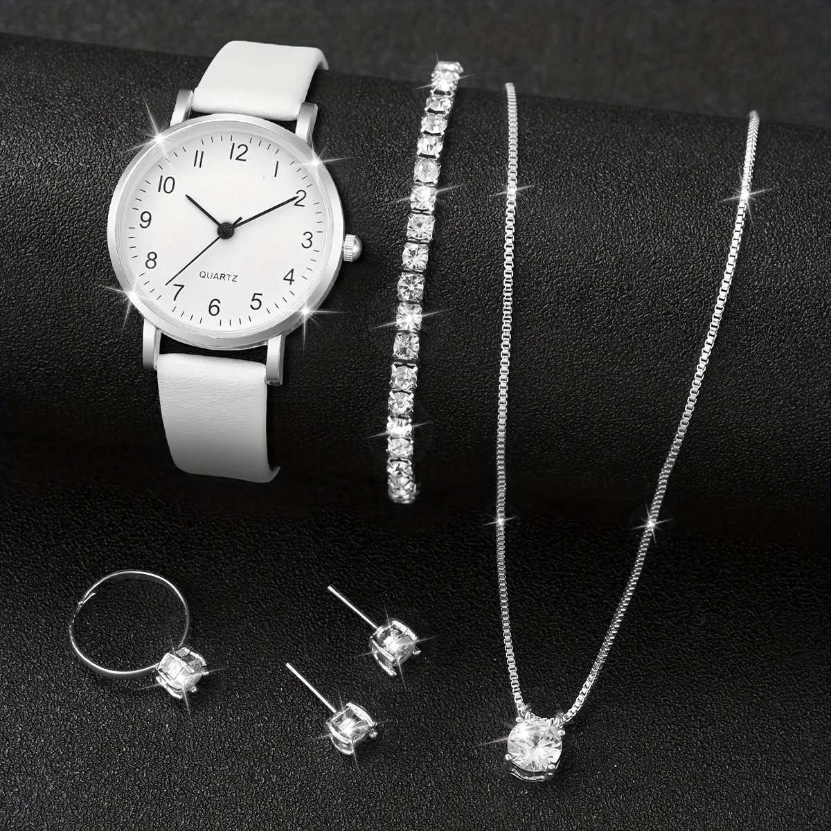 Fashion 6-piece warm quartz watch and jewelry set - circular analog display screen with leather strap perfect gift for her X241106