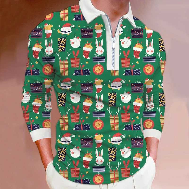 Spring/Summer New Mens Long Sve 3D Digital Printed Christmas Zipper Mens 100% Polyester Fashion Collar Top W241106
