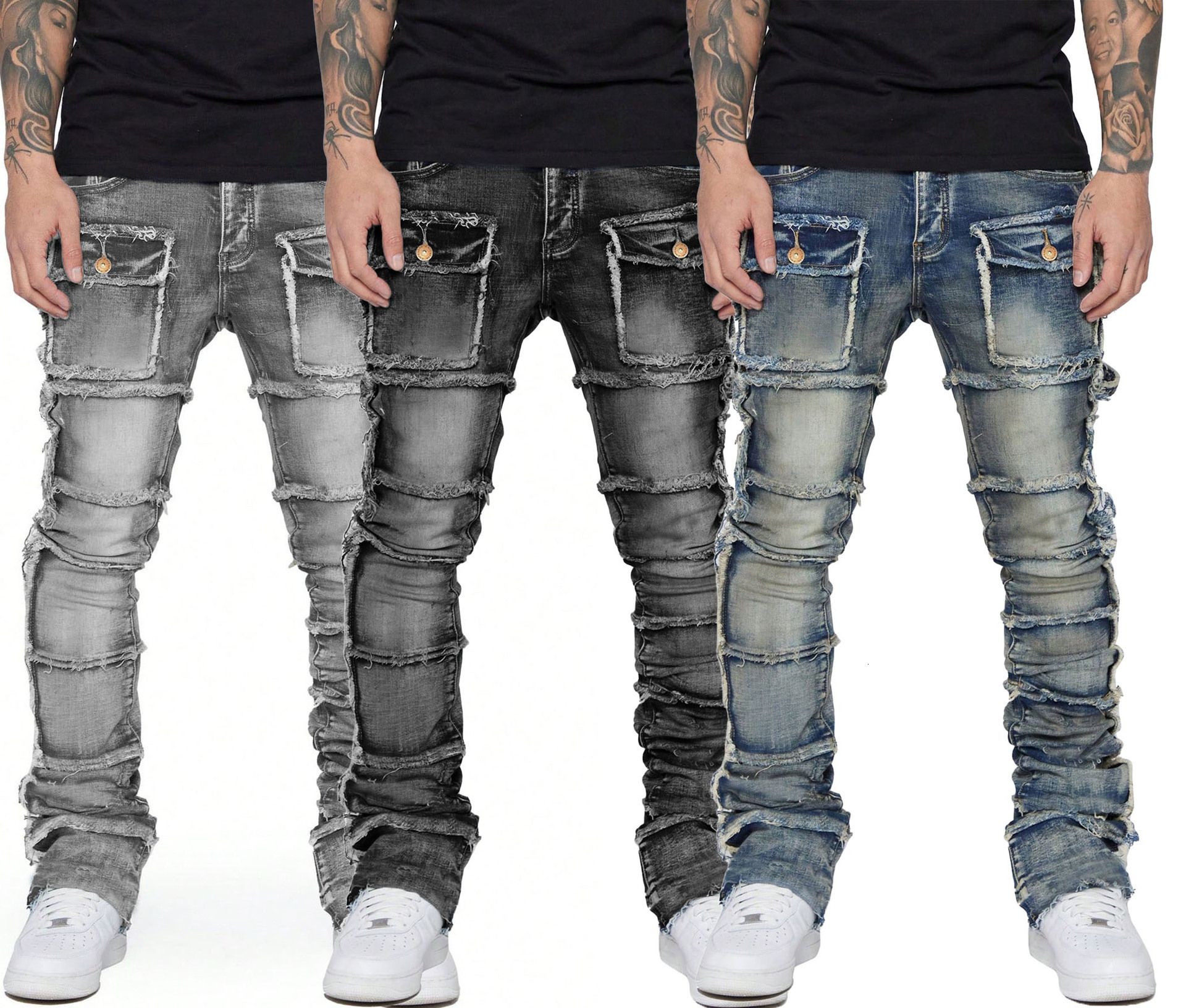 ksubi jeans men's denim workwear straight leg pants european and american fashion hot item elastic patch denim layered micro flared men's pa