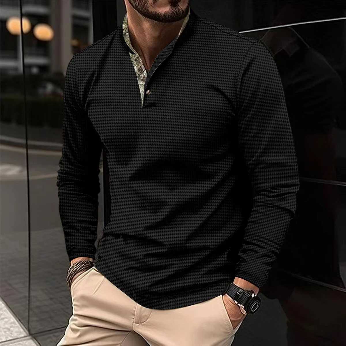 New casual mens spring and autumn chest sports long sleeved SVE collar T-shirt European long sleeved SVE shirt W241106