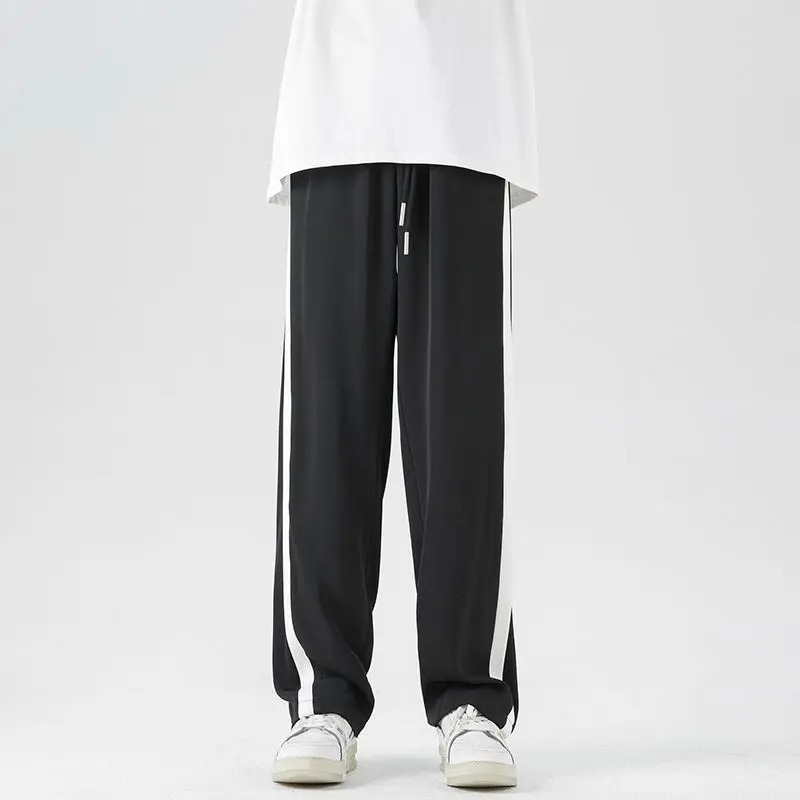 Trousers Striped Male Sports Pants Black Straight Mens Sweatpants Loose Long Athletic Y2k Baggy Elastic Sport Essential Retro 241104