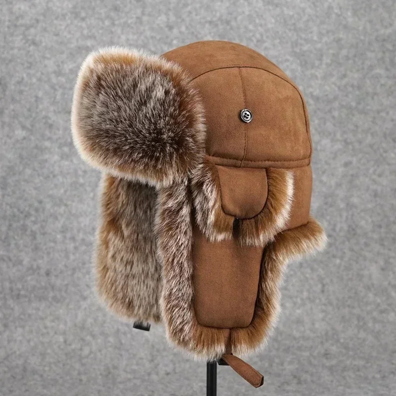 Ushanka Ski Hat Winter Russian Warm Ear Protector Artificial Fur Trap Hat Mens Hat Plush Air Bomber Hat 241106