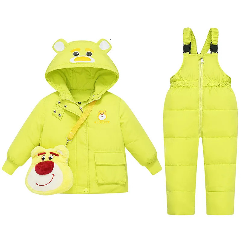 Winter Children Girl 2PCS Snowsuit Set Cartoon Bear Hooded Down Jacket Solid Jumpsuit For Girls Toddler Girl Overalls Suit 241106