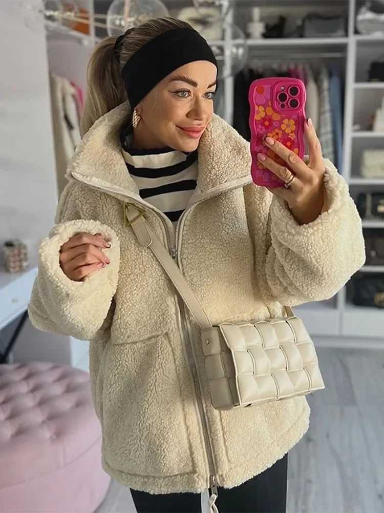 Fashion Women Solid Double Headed Zipper Lamb Wool Coat Casual Stand Collar Long Sleeve Pocket Jacket Autumn Winter Warm OutwearX241018