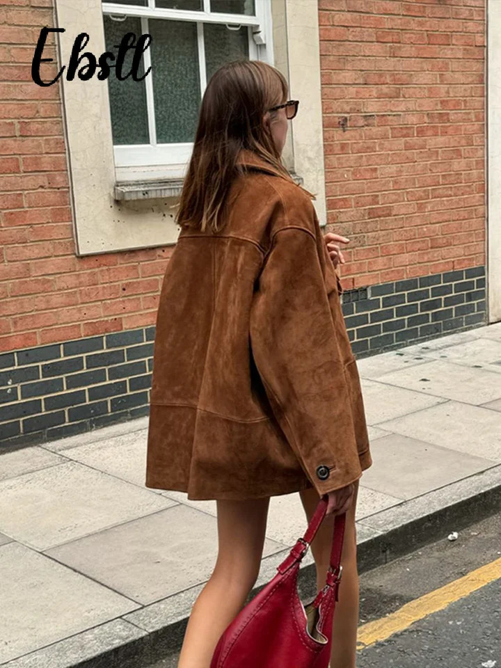 Vintage Lapel Suede Jackets Women Loose Single Breasted Long Sleeve Pockets Coats 2024 Autumn Winter Lady Casual Outwear 241106