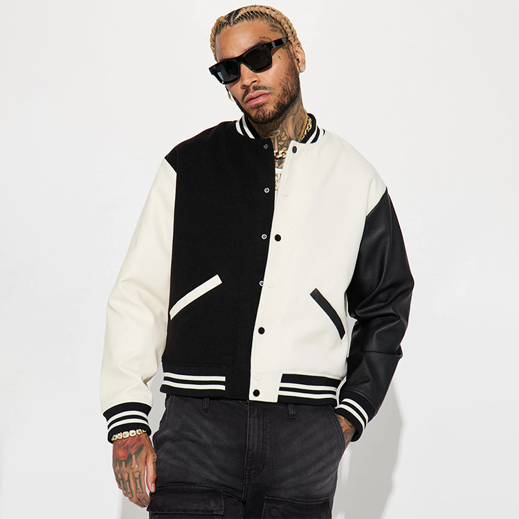 HL Custom Wholesale Wool Shell Letterman Bomber Jacket White Black Combo Faux Leather Sleeves Colorblock Varsity Men's Jacket