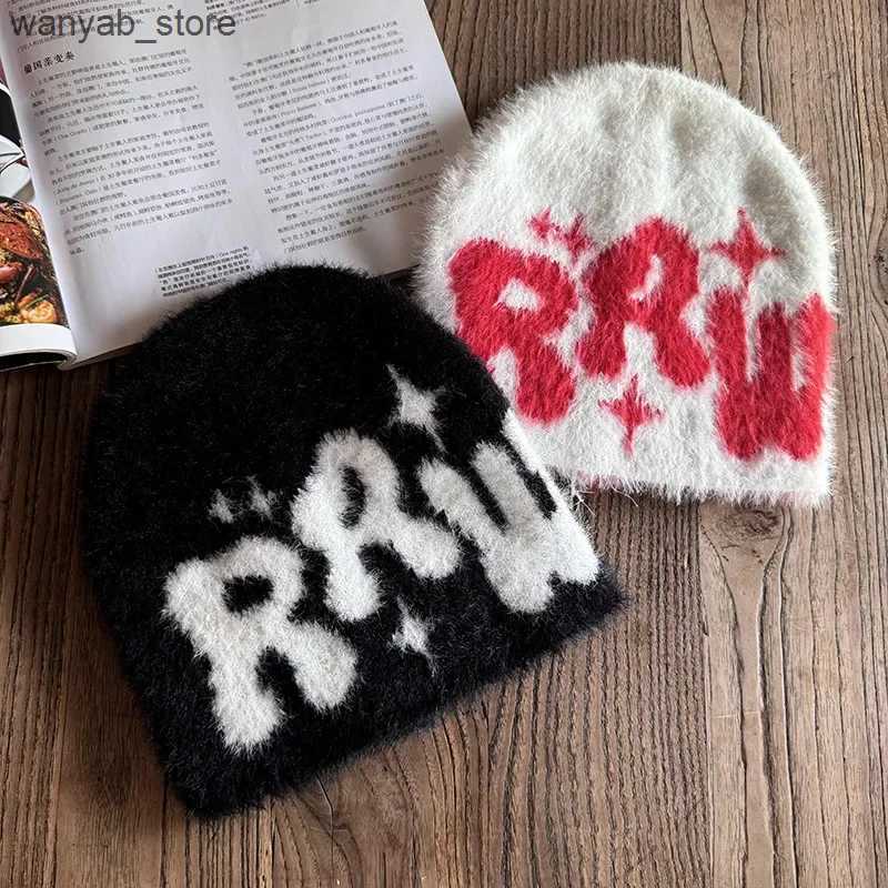 Wide Brim Hats Bucket Hats Y2K Jacquard Beanies Letter Beanies Man Fluffy Plush Caps for Men Women Auutmn Winter Edgy Knit Hip Hop Keep Warm Ear Caps 