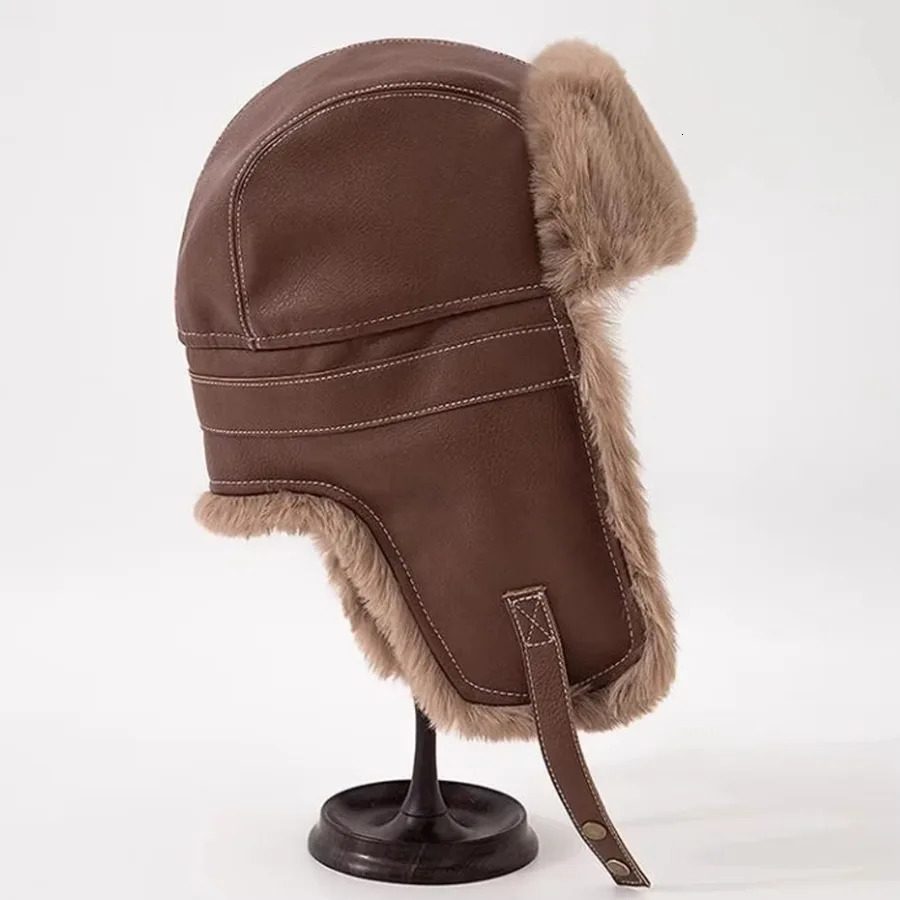 Artificial fur leather bomber hat with earrings Hunter winter pilot hat mens thick warm ski hat Usanka Russia 241106