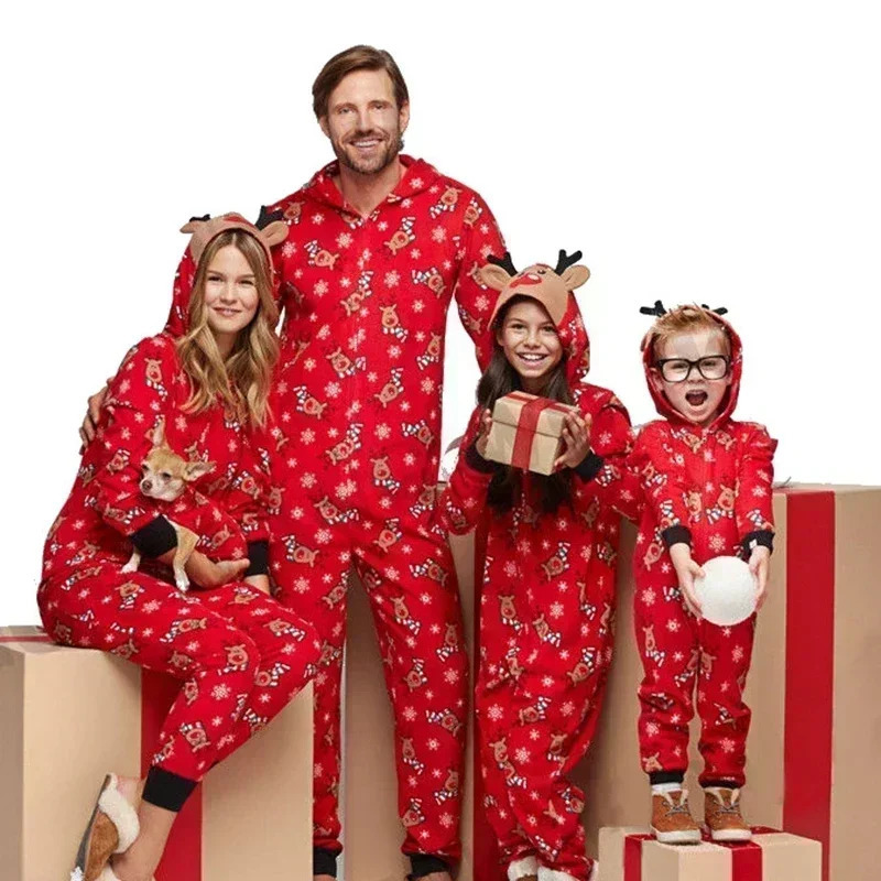 Christmas Matching Outfits for Family Elk Ear Hooded One-Piece Jumpsuit Romper Adults Kids Clothing Set Pajamas Xmas Look Pyjama 241106