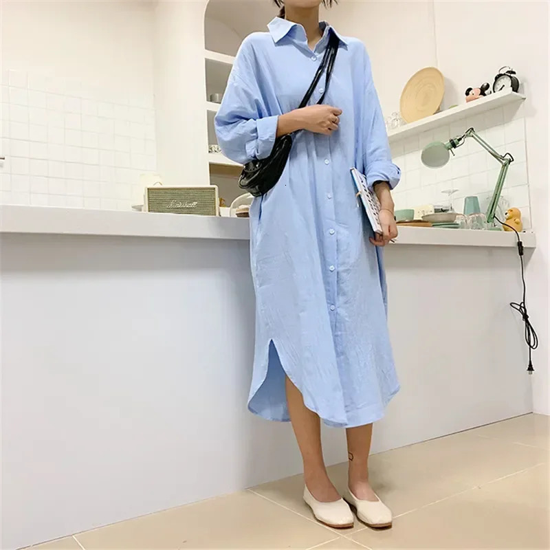 Long White Shirt Dress for Women Linen Cotton 2024 Spring Summer Casual Korean Clothing Vintage Oversized Midi Robe 241106