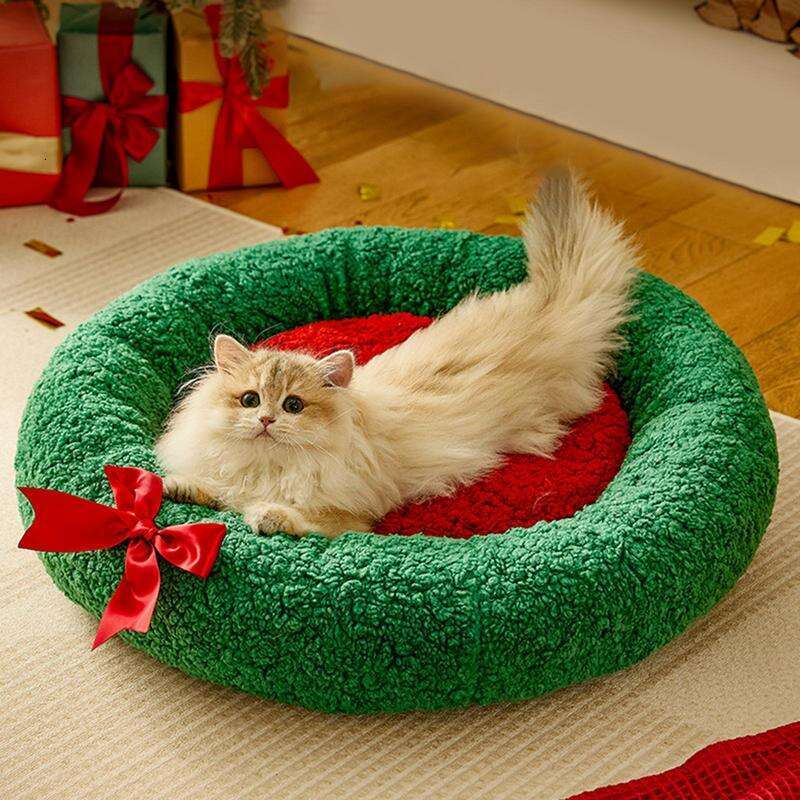 Cat Christmas Kitten Puppy Soft Round Cushion Comfortable Pet Plush Bed For Cats Or Small Dogs